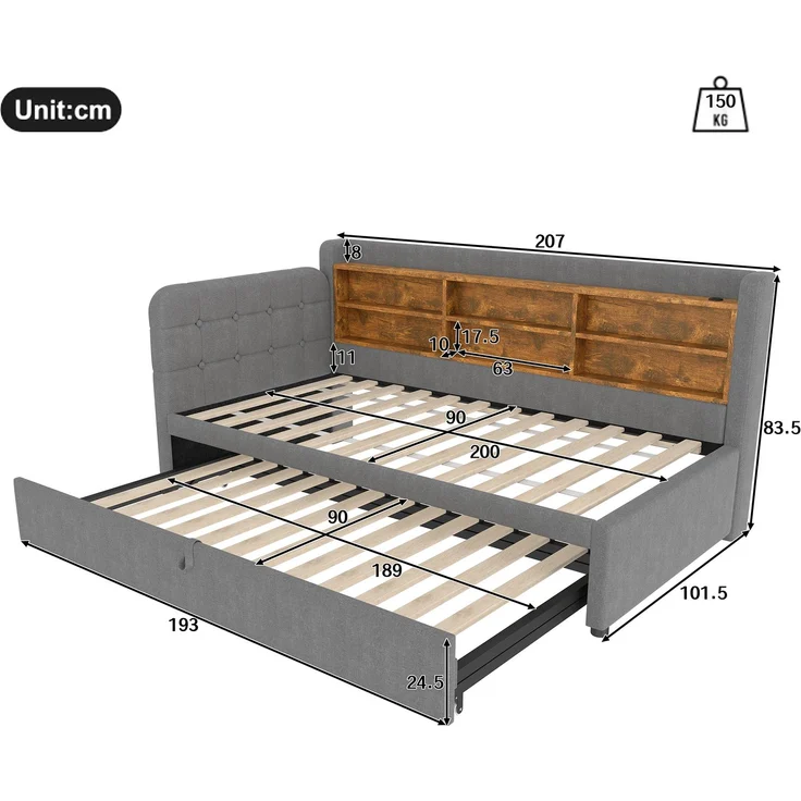 Daybett Leinen mit Ausziehbett, USB-Anschluss & Ablagen, 90x200 cm, Grau, ohne Matratze – Bild 9