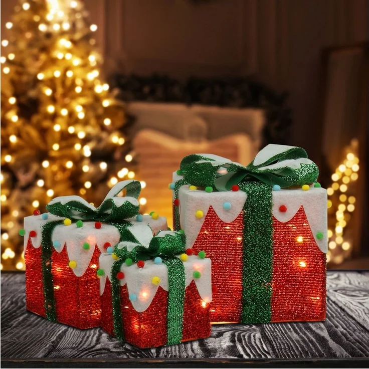 LALAHO LED Dekolicht LED Geschenkbox Weihnachtsdeko 3er Set, mit 60 warmweißen LEDs Weihnachtsdeko beleuchtete 18/13/10 cm – Bild 2