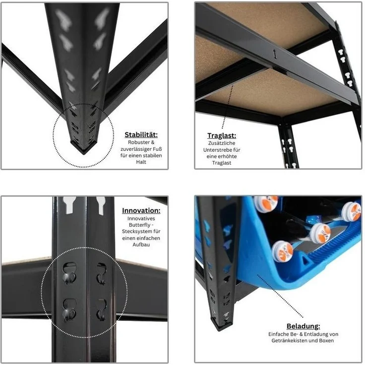 PROREGAL® Küchenregal Getränkekistenregal BODENSEE 180x100x30cm 6 Kisten + 3 Boards Schwarz – Bild 2