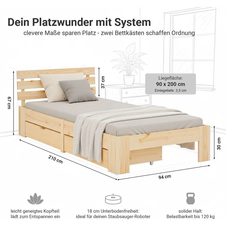 Holzbett 90x200 mit Federkernmatratze 2 Bettkästen Bett Natur Holzbett Bettgestell Futonbett Jugendbett Einzelbett – Bild 3