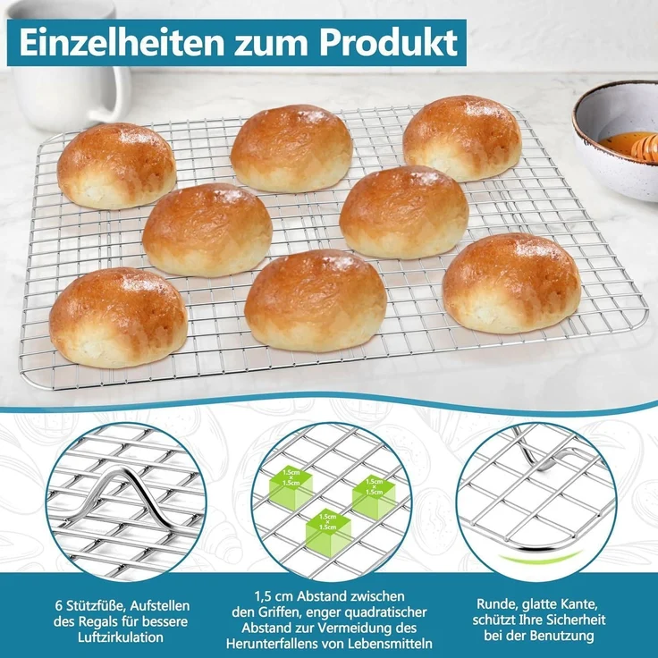 Homikit Kuchengitter Abkühlgitter 2er Set Edelstahl Groß Backen Kühlen 42x29,3cm – Bild 3
