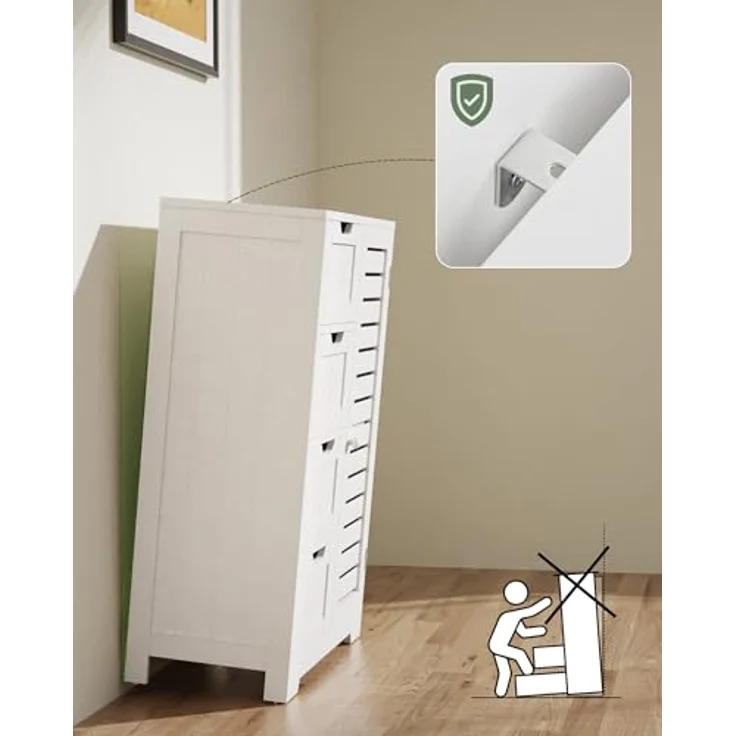 Mondeer Badkommode Badezimmerschrank (Moderne Shutter Design), mit 4 Schubladen 1 Tür,56 x 30 x 82,5cm, Weiß – Bild 8