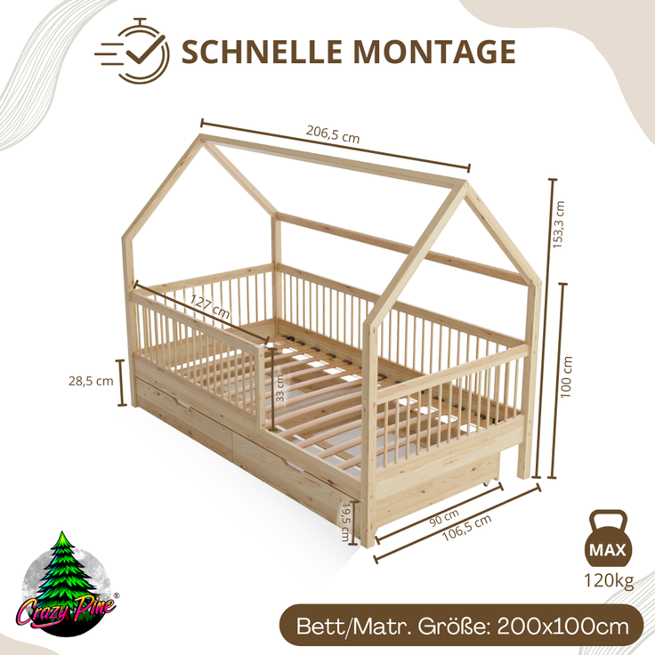 Crazy Pine 'Crazy Folly+' Hausbett mit hohem Rausfallschutz, Holz natur, 100x200 cm, mit Schublade – Bild 2