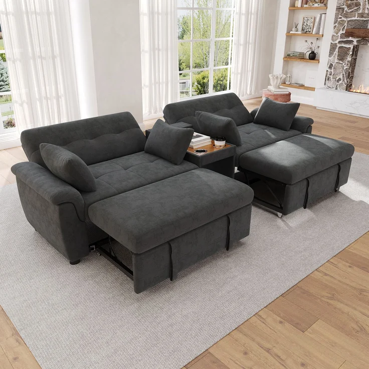 Merax U-förmiges Schlafsofa, ausziehbar, Doppel-Schlafauszug, verstellbare Rückenlehne, Haustierbereich, Couchtisch mit 2 Becherhaltern, 4 Kissen, Chenille, Dunkelgrau, 284×138×89 cm – Bild 2