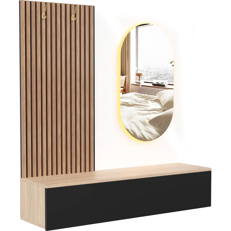 Flurgarderobe 140x38x150 cm mit LED-Spiegel, 2 Schubladen und Haken – Bild 5
