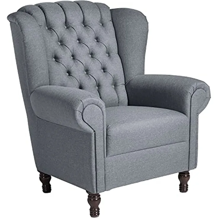 Vary Ohrenbackensessel Flachgewebe Denim Blue Buche Nussbaumfarben