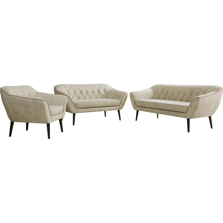Wohnzimmerset PIRS 1-2-3, Skandinavisches Komplettset, Wellenfederung, schwarze Füße, Sitzgruppe, Möbelset - Beige Velvet – Bild 6