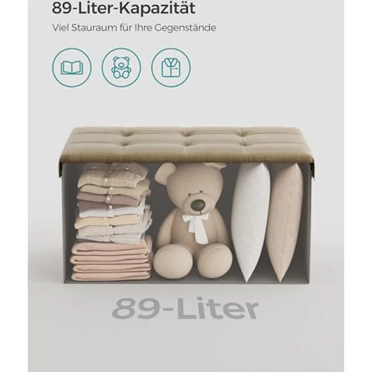 Songmics Sitzhocker mit Stauraum, klappbare Sitzbank, 38 x 76 x 38 cm Fußbank, Aufbewahrungsbox, bis 300 kg belastbar, für Wohnzimmer Schlafzimmer Flur, Kamelbraun LSF047R01 – Bild 6