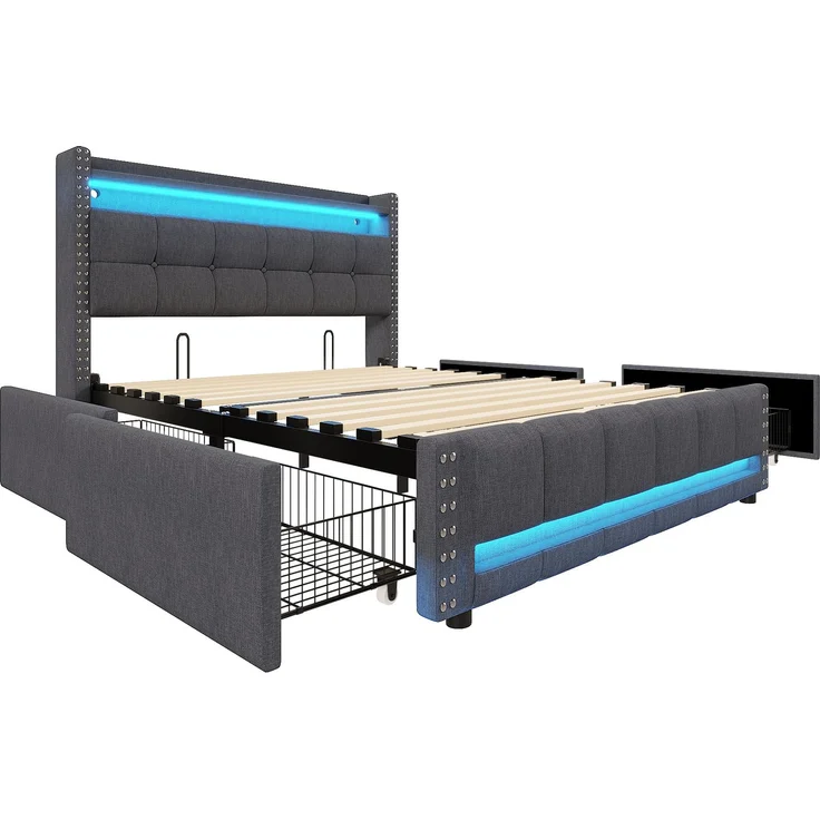 Polsterbett 140x200 mit LED-Beleuchtung, USB-Anschluss & Stauraum, graues Leinenbett mit Schublade,inklusive Taschenfederkern – Bild 9