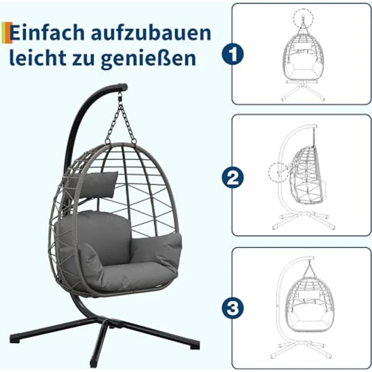 Hängesessel mit Gestell Outdoor bis 150 kg belastbar, Rattan Hängesessel mit Metallgestell, ideal als Hängesitz Indoor mit Gestell für Garten, Terrasse & Balkon Grau – Bild 6