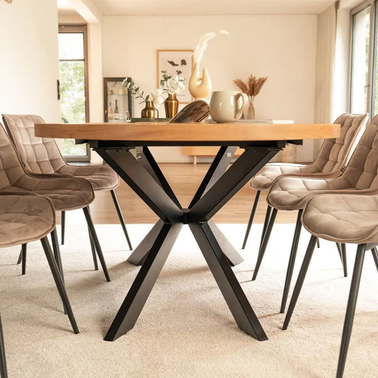 HOME DELUXE Essgruppe Rund Ausziehbar AVENTURA inkl. Sternfuß - 120-160 x 120 cm Light Oak 6 Stühle Creme – Bild 2
