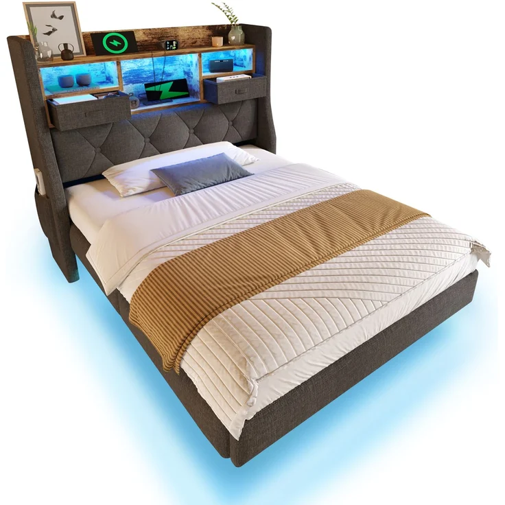 Polsterbett 90x200 cm Schwebebett mit LED-Beleuchtung, Kopfteil und Ladestation(1 Type-C, 3 USB-Anschlüsse), Modern Einzelbett mit Stauraum-Kopfteil und lattenrost, Leinen, Grau(Ohne Matratze) – Bild 7