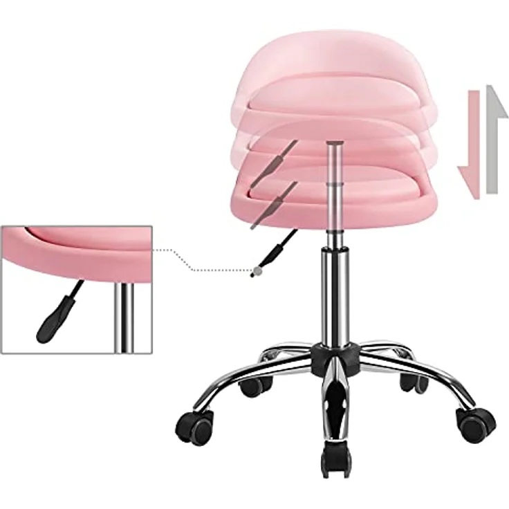 Yaheetech Rollhocker Bürohocker mit Rollen, Drehhocker mit niedriger Rückenlehne, Arbeitshocker Höhenverstellbar, Sitzhöhe 46,5-61 cm, Hellrosa – Bild 8