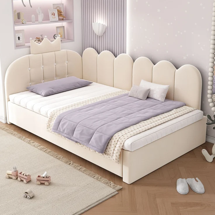 Merax Einzelbett 90x200 cm, Kinderbett, Polsterbett mit 90x190 cm Ausziehbett, Niedliches Kronen- und Gitterdesign, Samt, Beige – Bild 3