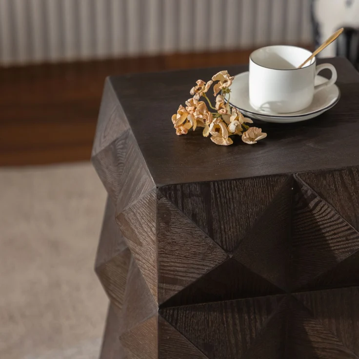 Beistelltisch aus Massivholz und MDF, Retro Couchtisch mit dreidimensionaler Reliefstruktur, Naturholz,Braun – Bild 10