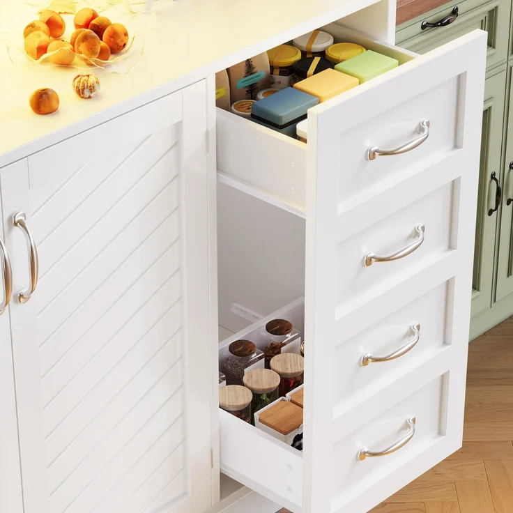 Seitenboard / Aufbewahrungsschrank / Küchenschrank / Buffetschrank, 120x40x188cm, mit LED-Beleuchtung, Snackregal & Getränkehaltern, 4 Türen & 2 große Schubladen, Grün/Schwarz/Weiß--Weiß--120x40x188cm--YOUDENOVA – Bild 10