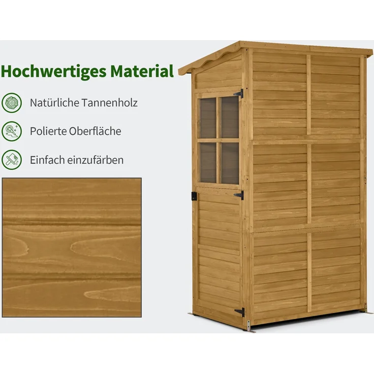 M MCombo Gartenschrank Gartenhaus Holz Wetterfest, Outdoor Schrank Wetterfest, Geräteschuppen Begehbar, für Außenbereich Balkon & Terrasse, Gerätehaus mit 3 feste Regale, 120×86×201 cm, 1753 (Natur) – Bild 7