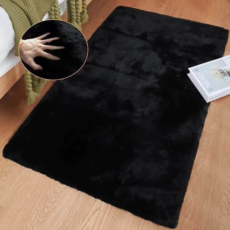 Teppich Fellteppich Schwarz 60x90cm 60 x 90 cm (Rechteckig) Schwarz