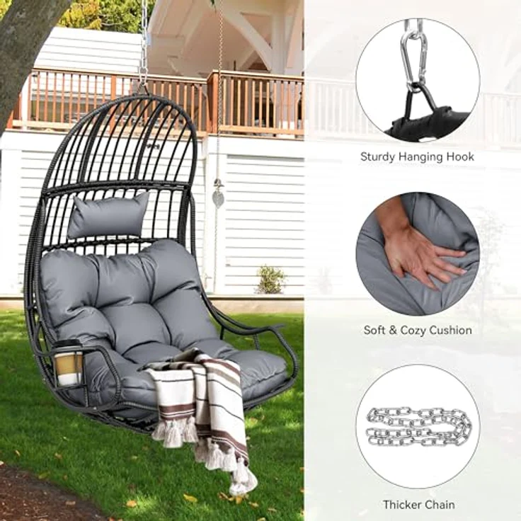 YITAHOME Rattan Hängesessel 150kg, mit Kissen & Getränkehalter, Grau – Bild 2