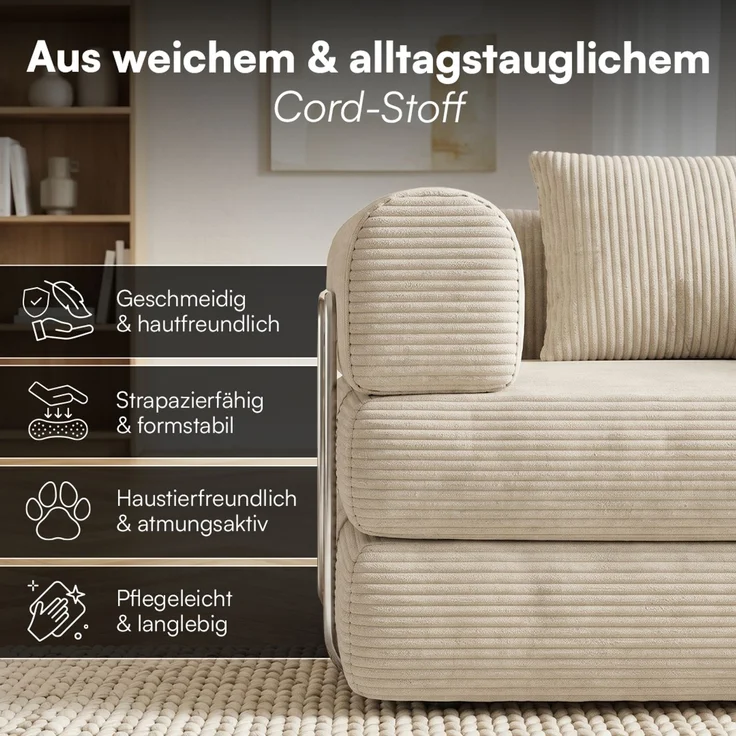 skølm 'Lofn' Modularer Sessel 1 Sitzer, 115x100 cm, Vollschaumcouch mit Metallgestell, Cord beige, Schlafsessel vakuumverpackt, kein Aufbau erforderlich – Bild 6