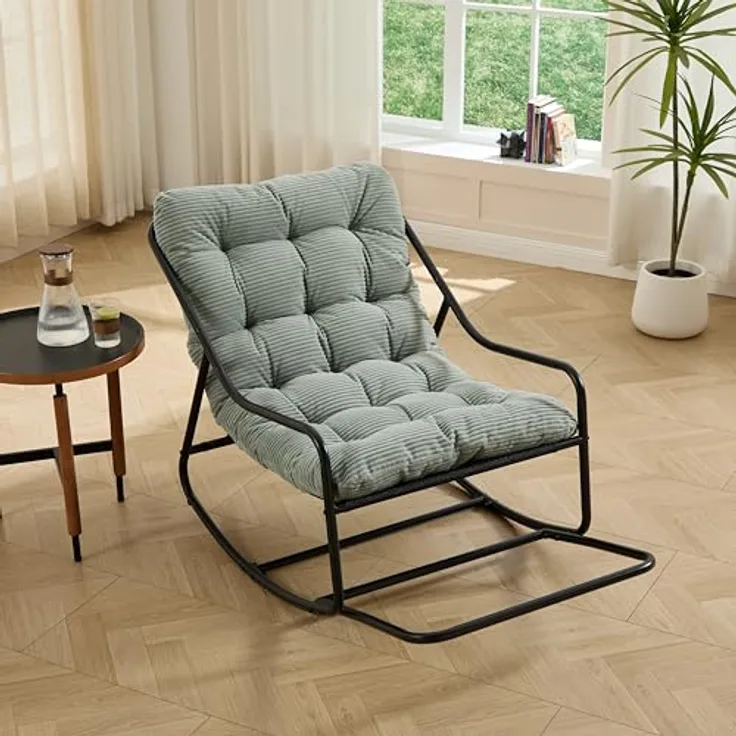 Ball & Cast Schaukelstuhl für Drinnen & Draußen, Rocking Chair mit Gepolstertem Kissen und Fußstütze, Balkonsessel für Wohnzimmer, Garten & Terrasse, Hellgrün