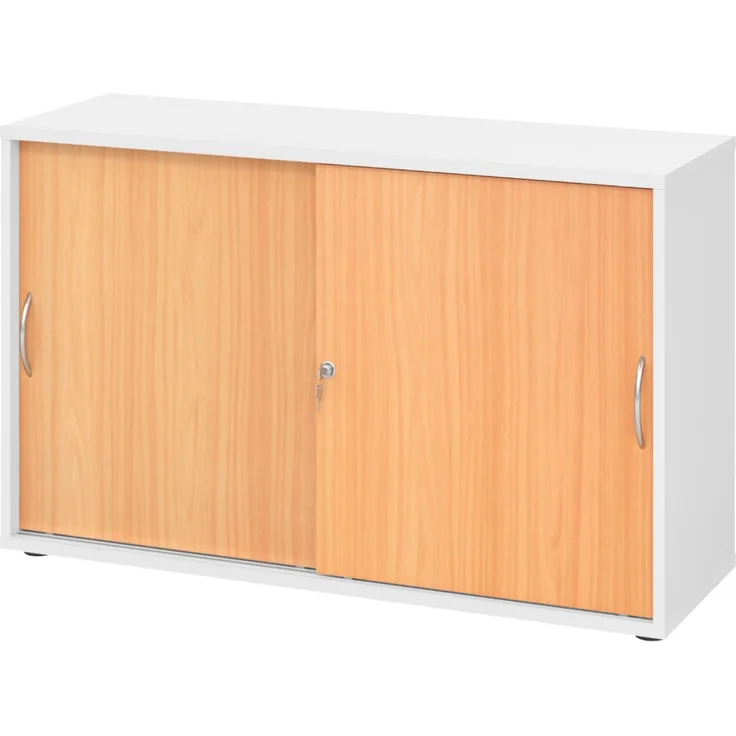 bümö Schiebetürenschrank 2OH - Aktenschrank abschließbar, Sideboard Schrank mit Schiebetüren in Weiß/Buche, Bogengriff - Büroschrank aus Holz mit Schiebetür, Büro Kommode für Ordner & Co, 1752S-W-6-BM