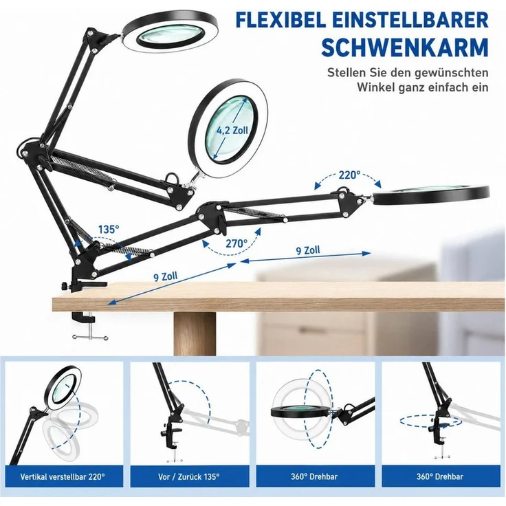 Fyrove Lupenlampe Leselupe, Arbeitsleuchte für feine Detailarbeiten, Klemmleuchte, Vergrößerungslampe für Nähen, Basteln und Elektronik, 10-fach, 4,3 Zoll Glaslinse, 72 LEDs, 2800–6500 K, 10 W – Bild 3