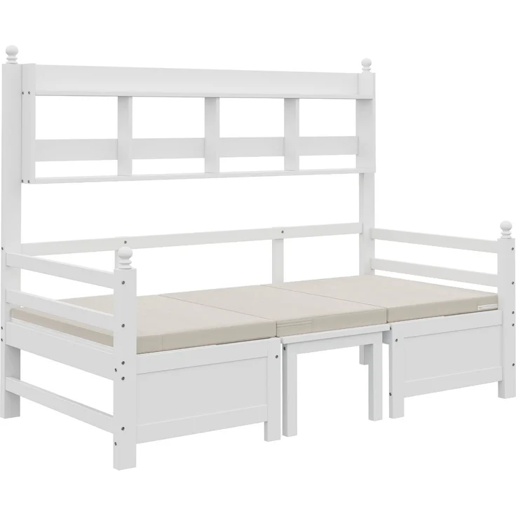 Merax Daybett Multifunktionales Massivholz Schlafsofa 200x90 cm, 2-in-1 Bett und Schreibtisch, Frei Umbaubar, Mit Bücherregal Zur Aufbewahrung, Mit Bequemen Kissen, Gästebett Einzelholzbett, Weiß – Bild 9