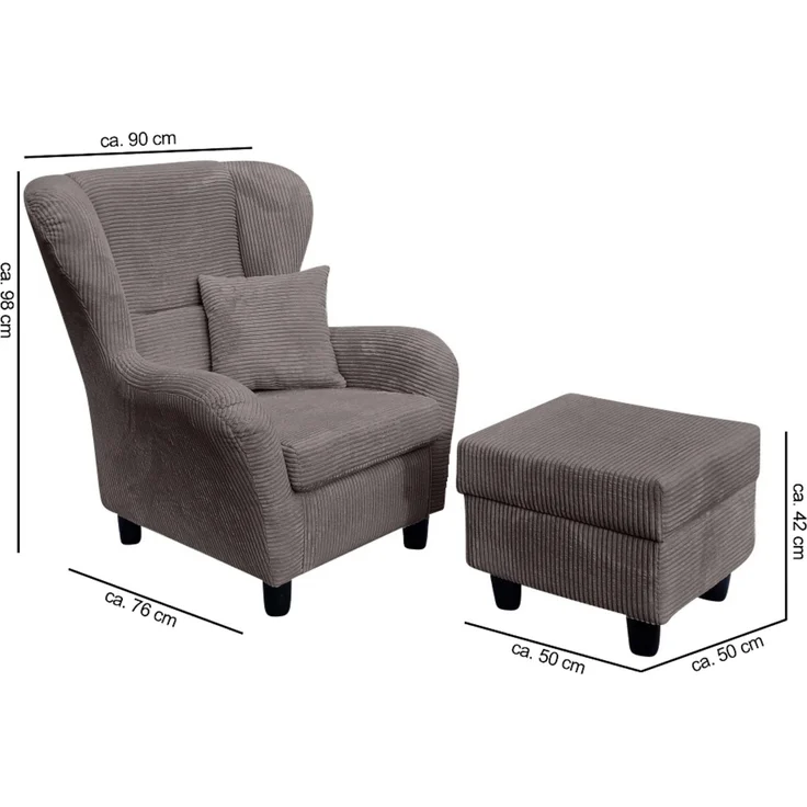 Ohrensessel mit Hocker Landhausstil Polster-TV-Lesesessel mit Cordstoff in Grau – Bild 8