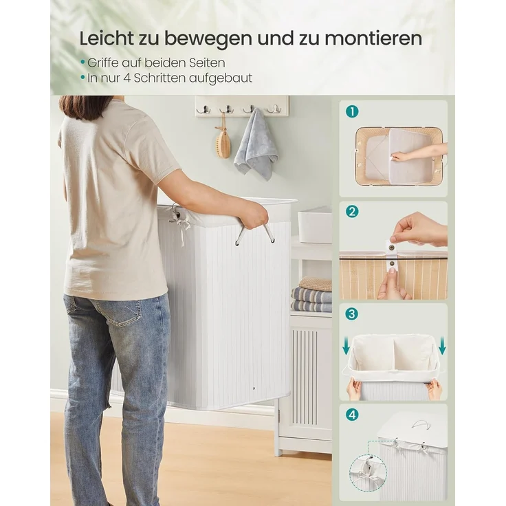 SONGMICS Wäschekorb 2 Fächer, 100 L Wäschesammler mit Deckel, Wäschebox Bambus, mit Griffen, faltbar, Wäschesack herausnehmbar maschinenwaschbar, Waschküche, braun, grau – Bild 7