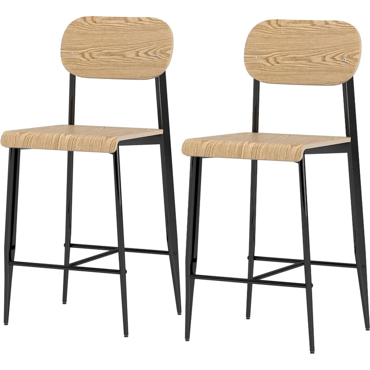 2er-Set Barhocker, Barstühle mit Rückenlehne und Metallgestell, Holz, Hellbraun--Naturholz--103x43x55cm--YOUDENOVA – Bild 2