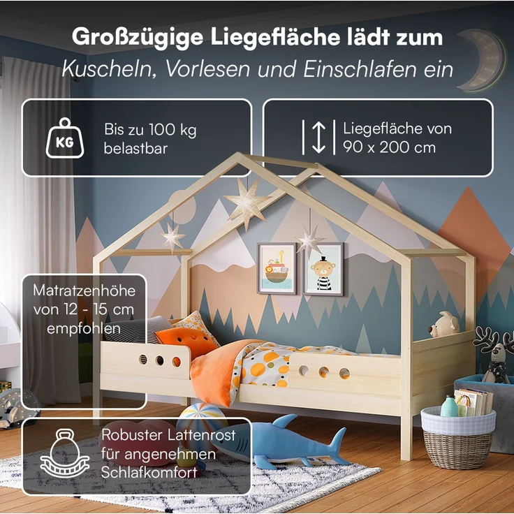 Bellabino 'Bela' Hausbett 90x200 cm mit Matratze, natur, Kiefer Massivholz, Montessori Kinderbett mit Rausfallschutz und Lattenrost – Bild 4