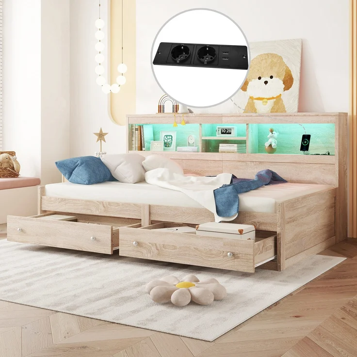 Holzbett mit LED-Beleuchtung und Stauraum, 90x200 cm, Einzelbett mit Mehrfachsteckdose und Lattenrost, Jugendbett – Bild 4