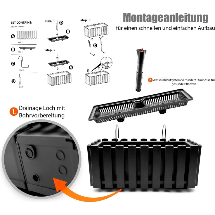 BigDean Balkonkasten Lattenzaun Optik in Anthrazit aus wetterfestem & robustem Kunststoff 40 cm– Balkonkasten mit Halterung & Wasserstandsanzeige – Made in Europe – Bild 6