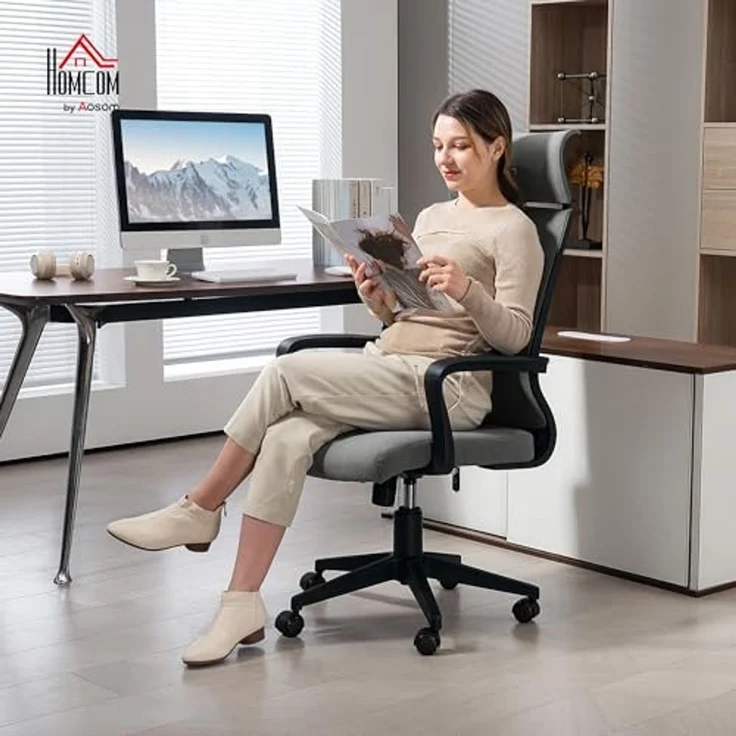 HOMCOM Bürostuhl, Ergonomischer Schreibtischstuhl mit Armlehne, Kopfstütze, Höhenverstellbarer Drehstuhl mit Wippfunktion, Computerstuhl mit Kunstwolle-Optik, Dunkelgrau – Bild 2