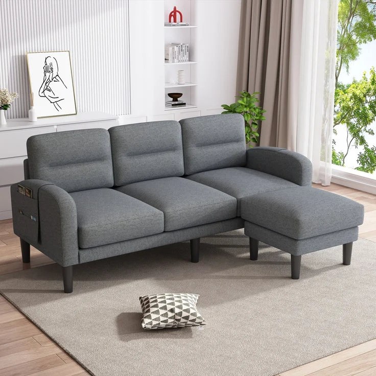 EINHOM Ecksofa L-Form Sofa 3-Sitzer mit Chaiselongue, kleines Ecksofa aus, An der Seite befindet sich eine Aufbewahrungstasche, 10 Sofabeine, Geeignet für das Wohnzimmer, 204 x 136 x 80 cm, Grau – Bild 5