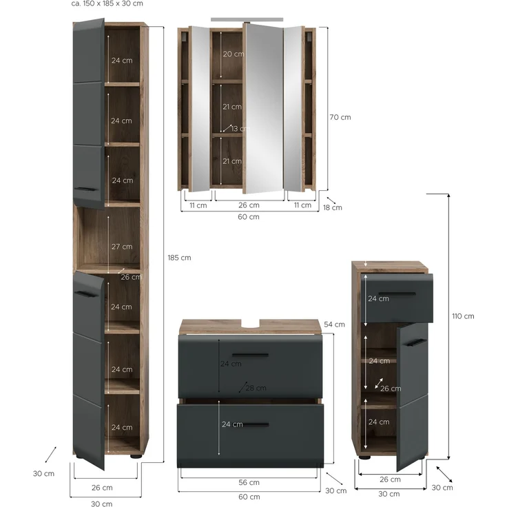 Badkombination (B/H/T: 150x185x46 cm) in schwarz matt und Nox Oak Nachbildung – Bild 4