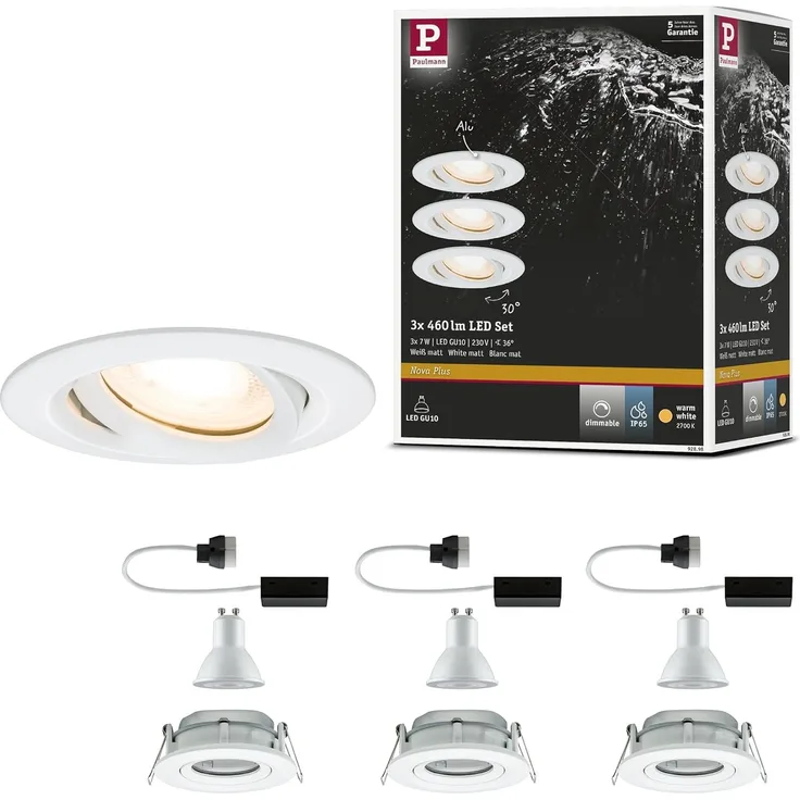 Paulmann No. 92898 Einbauleuchte LED Nova IP65 rund 7W GU10 Weiß 3er-Set schwenkbar