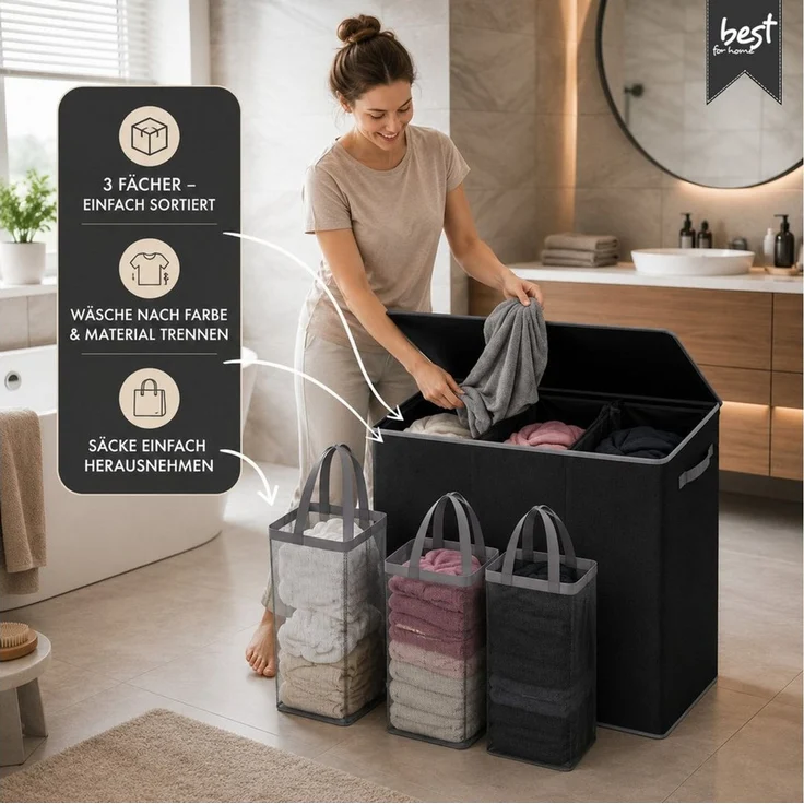 Best for Home Wäschekorb 180 l Fassungsvermögen, 3 Fächer, 3 Wäschesäcke, klappbarer Deckel. (Set, 4 St, Wäschekorb inklusive 3 herausnehmbarer Wäschesäcke), 180 Liter Fassungsvermögen, 3 herausnehmbare Wäschesäcke. – Bild 4