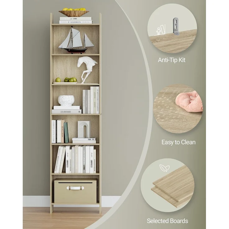 Bücherregal, Regal, Standregal, Büroregal, mit 7 Fächern, offen, für Wohnzimmer, Arbeitszimmer, Büro, als Raumteiler, 24 x 48 x 197,4 cm, Eichenbeige – Bild 5