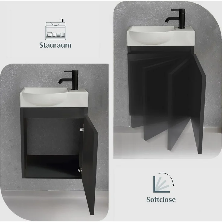 Alpenberger Badmöbel-Set Gäste WC Waschbecken mit Unterschrank - Hängeschrank Vormontiert, (Badschrank 2-tlg, Waschtisch hängend), Waschbeckenunterschrank Schwarz mit Softclose – Bild 2