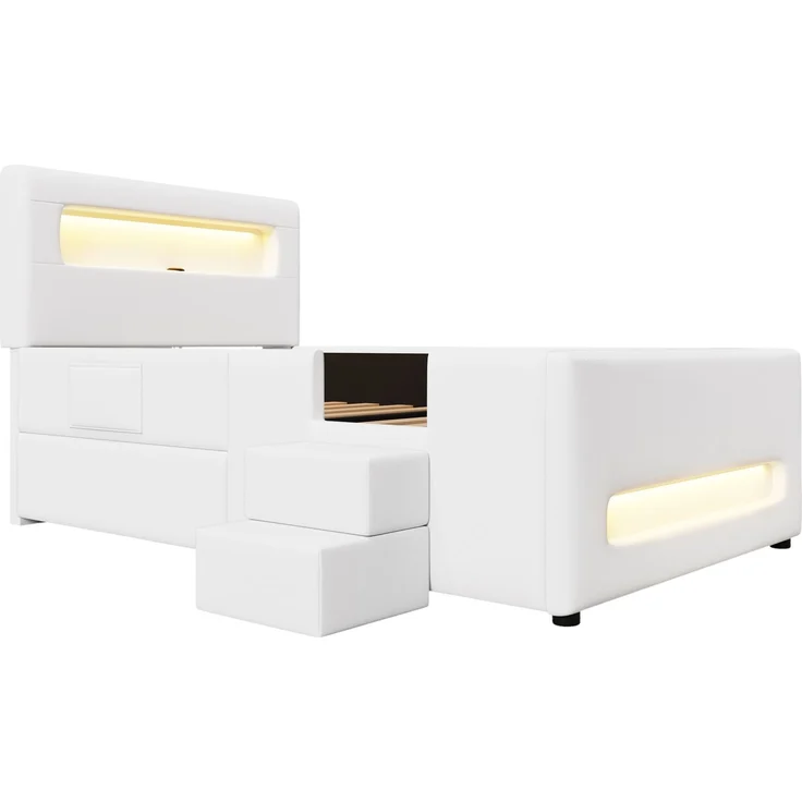 Polsterbett mit Treppe, LED & Schublade, 90x200 cm, Weiß, ohne Matratze – Bild 5
