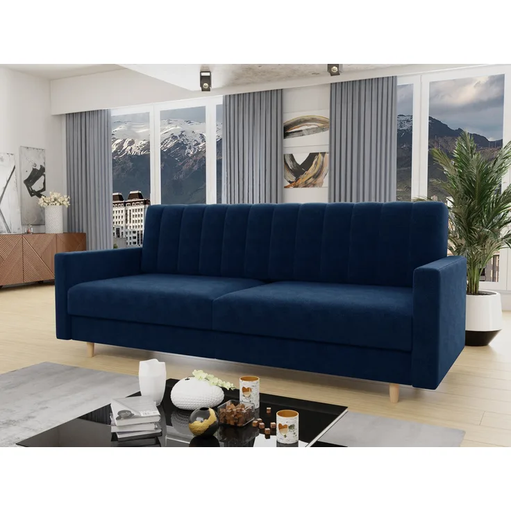 Schlafsofa Sara - Sofa mit Bettkasten und Schlaffunktion, Bettsofa, Schlafcouch mit Holzfüße, Velours (Dunkelblau (Kronos 09))