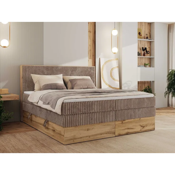MKS MÖBEL Boxspringbett WOOD CLASSIC KING (Packung, Set, Topper T25/Visco, hohe Kopfteil, Multipocket-Matratze), Polsterbett, zwei Bettkästen, Möbelplattenelementen