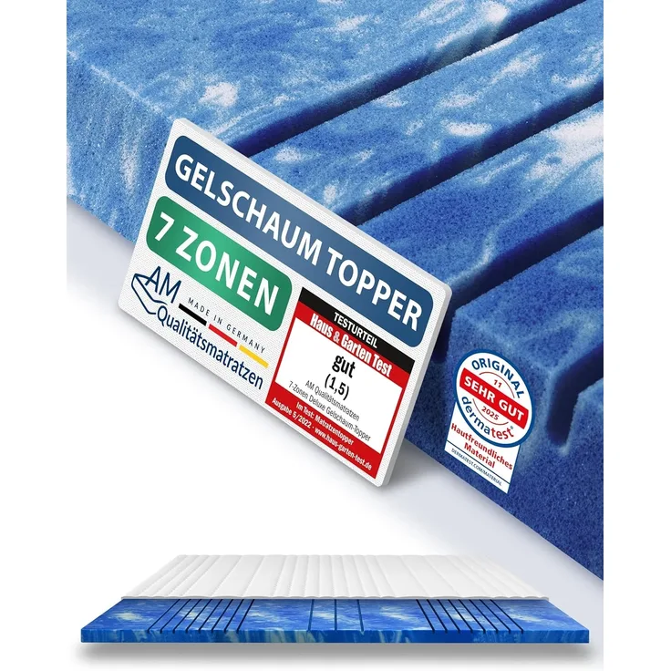 AM Qualitätsmatratzen | 7-Zonen Deluxe Gelschaum-Topper 100x220 cm - 8 cm Höhe