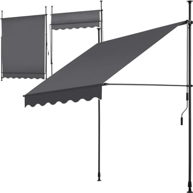 tectake® Klemmmarkise mit Handkurbel, Balkon Markise ohne Bohren, Markise höhenverstellbar, UV-beständig, wasserabweisend, Terrassenüberdachung, Sonnenschutz Terrasse & Balkon, 150 cm - schwarz/grau – Bild 2