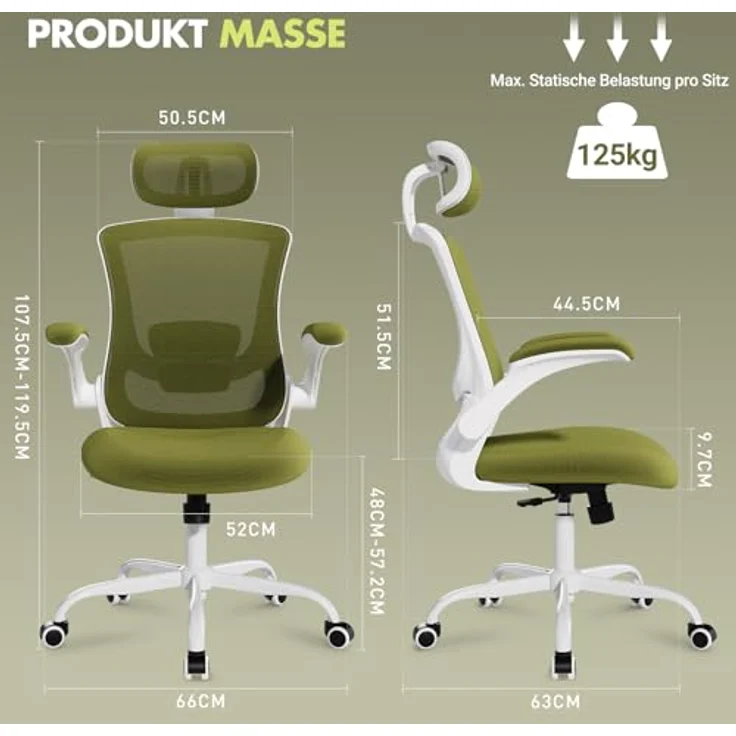 COLAMY Bürostuhl Mesh Computerstuhl, Bürostuhl Ergonomisch, Arbeitsstuhl mit Verstellbarer Kopfstütze und Lendenwirbelstütze, Schreibtisch Stuhl mit hochklappbarer Armlehne, 140° Wippfunktion, Grün – Bild 2
