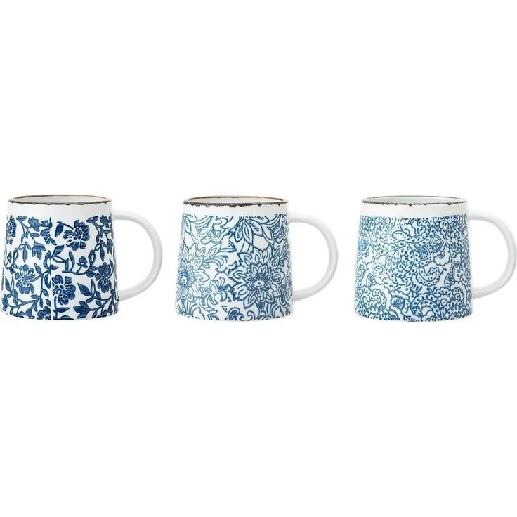 Bloomingville Tasse Molly Mug, Blue, Stoneware, Tassen 3er Set 400ml Keramik Kaffeetassen, Teetassen, Blumentasse, Landhausstil, blau