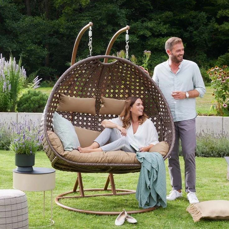 HOME DELUXE 'TWIN' Hängesessel mit Regenabdeckung, Polyrattan braun, ‎74 x 145 x 195 cm – Bild 2