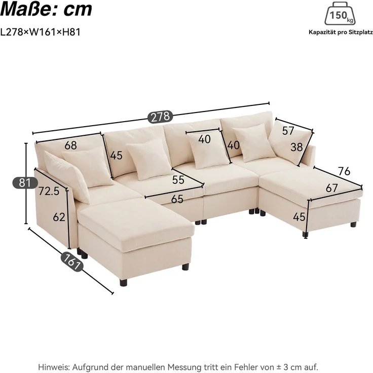 Big-Sofa mit Rückenkissen, Zierkissen und loser Kissen, 6-Sitzer Sofa, L-Form, U‑Form, Chenille Bezug – Bild 5